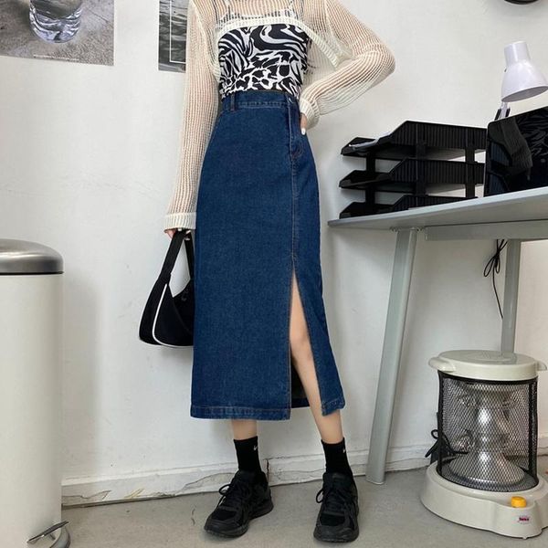 skirts high waist split denim skirt women's fashion retro slim woman daily casual solid mid-length female han feng 2021, Black
skirts high waist split denim skirt women's fashion retro slim woman daily casual solid mid-length female han feng 2021, Black