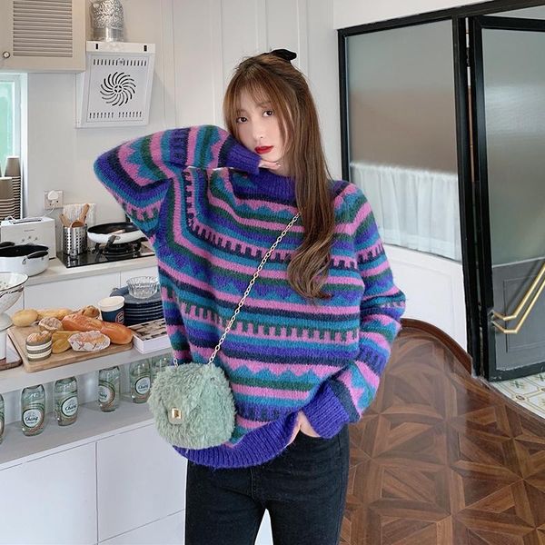 women's sweaters retro style sweater women autumn and winter loose long-sleeved outer wear thick striped jacquard knitted top, White;black
women's sweaters retro style sweater women autumn and winter loose long-sleeved outer wear thick striped jacquard knitted top, White;black