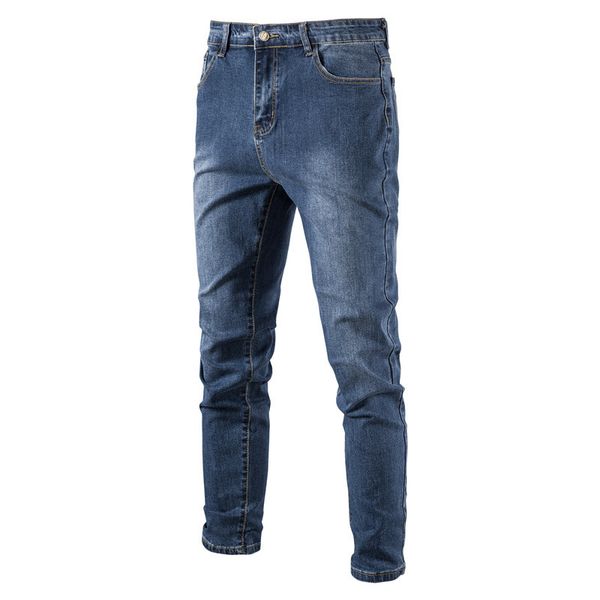 2021 autumn new men's washed solid white casual micro elastic small leg jeans, Blue