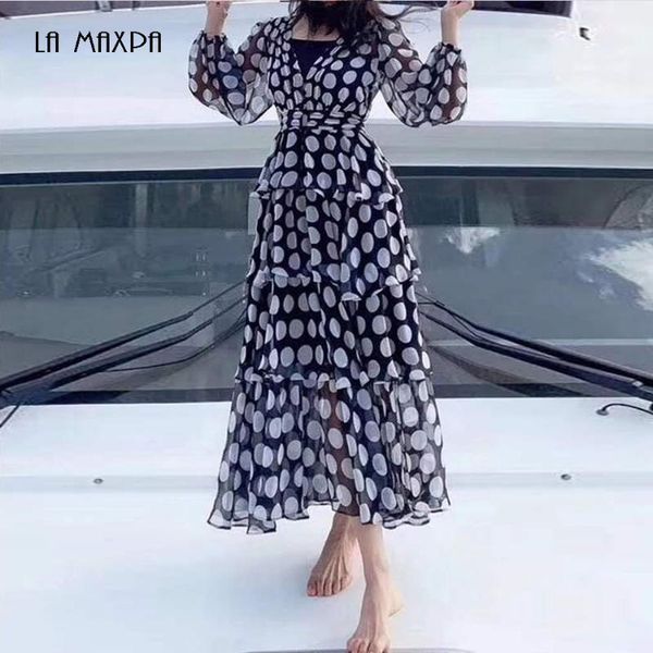 summer women's v-neck long sleeve high waist vintage elegant polka dot ruffle dress celebrity party vestidos casual dresses, Black;gray
summer women's v-neck long sleeve high waist vintage elegant polka dot ruffle dress celebrity party vestidos casual dresses, Black;gray