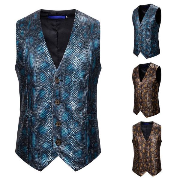 men's vests unique design luxury blazer suit vest party stage yellow blue glossy snake print waistcoats & men slim fit, Black;white
men's vests unique design luxury blazer suit vest party stage yellow blue glossy snake print waistcoats & men slim fit, Black;white