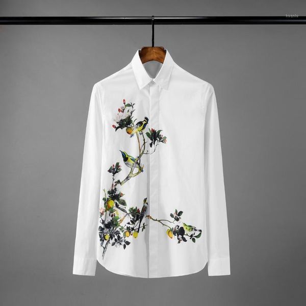 cotton mens shirts long sleeve flower and bird digital printing man fashion slim fit male shrits men's casual, White;black
cotton mens shirts long sleeve flower and bird digital printing man fashion slim fit male shrits men's casual, White;black
