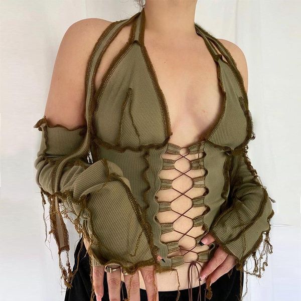 women's t-shirt muyogrt backless halter ribbed tie front women long sleeve hollow out lace up t shirts patchwork bodycon crop, White
women's t-shirt muyogrt backless halter ribbed tie front women long sleeve hollow out lace up t shirts patchwork bodycon crop, White
