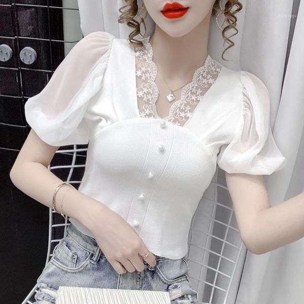 women's blouses & shirts 2021 summer chiffon blouse short sleeve v-neck chic lace knitted patckwork buttons slim causal, White
women's blouses & shirts 2021 summer chiffon blouse short sleeve v-neck chic lace knitted patckwork buttons slim causal, White