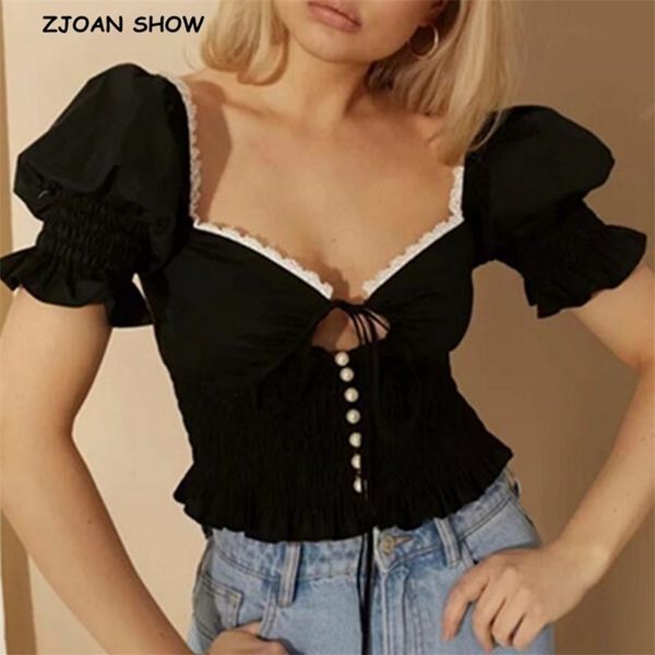 black spliced lace v neck puff short sleeve pearl buttons shirt women wood ears blouse cotton 210429, White
black spliced lace v neck puff short sleeve pearl buttons shirt women wood ears blouse cotton 210429, White