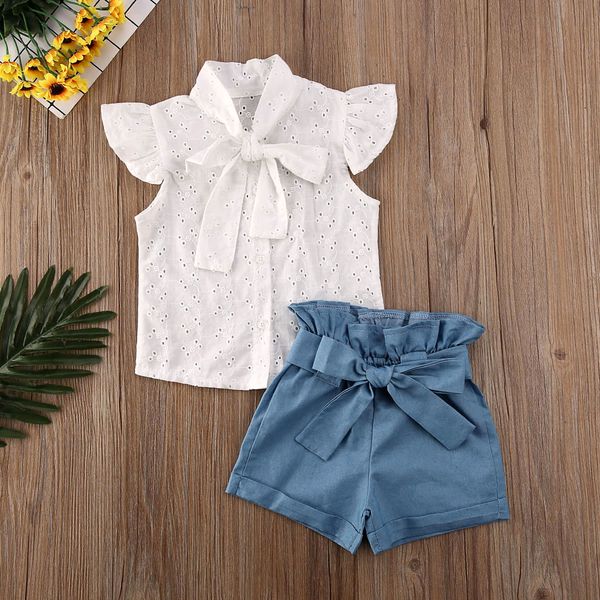 1-6y fashion summer kids baby girls clothes sets bow ruffle sleeve lace flowers t shirts +blue ruffle shorts, White
1-6y fashion summer kids baby girls clothes sets bow ruffle sleeve lace flowers t shirts +blue ruffle shorts, White