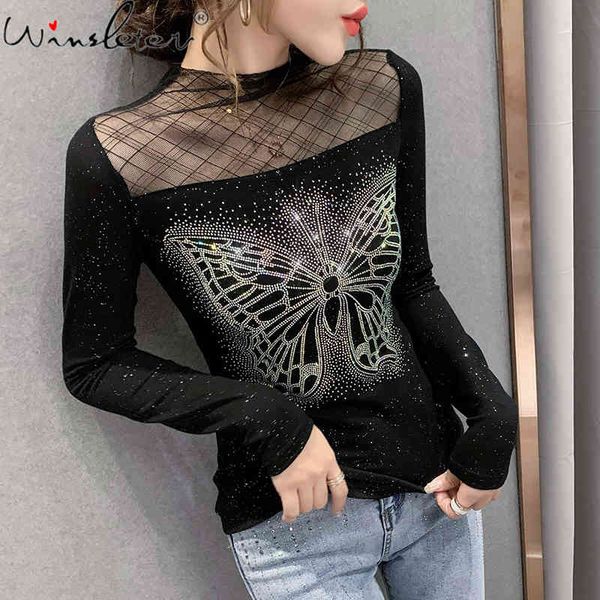 women's t-shirt spring fall korean style girls vogue shiny butterfly diamonds patchwork mesh women all match tees t11605, White
women's t-shirt spring fall korean style girls vogue shiny butterfly diamonds patchwork mesh women all match tees t11605, White