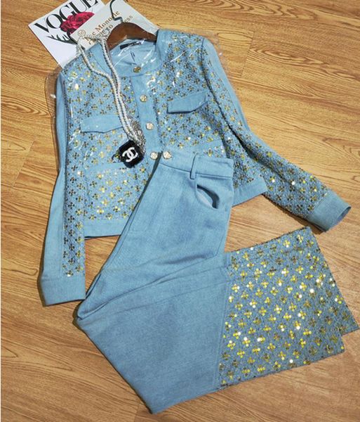 women's two piece pants denim jeans 2 sets sequins pant suits women sequined coats + wide leg female outfits, White
women's two piece pants denim jeans 2 sets sequins pant suits women sequined coats + wide leg female outfits, White