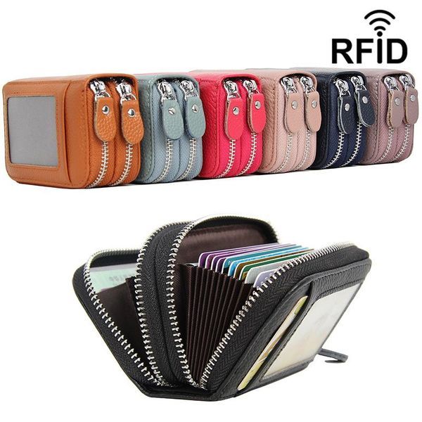 card holders women's genuine leather pack rfid anti-theft brush money bag double zipper coin purses portable business holder wallet, Brown;gray
card holders women's genuine leather pack rfid anti-theft brush money bag double zipper coin purses portable business holder wallet, Brown;gray