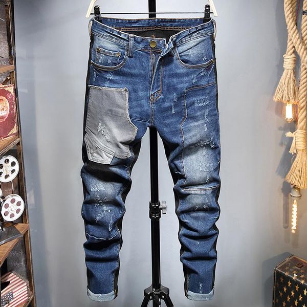 men's jeans ripped patch color matching pants stretch washed blue streetwear slim denim trousers pantalons pour hommes
men's jeans ripped patch color matching pants stretch washed blue streetwear slim denim trousers pantalons pour hommes