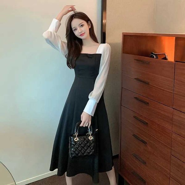 large 2021 autumn square neck french slim sleeve dr's medium long black a-line skirt, Black;gray
large 2021 autumn square neck french slim sleeve dr's medium long black a-line skirt, Black;gray