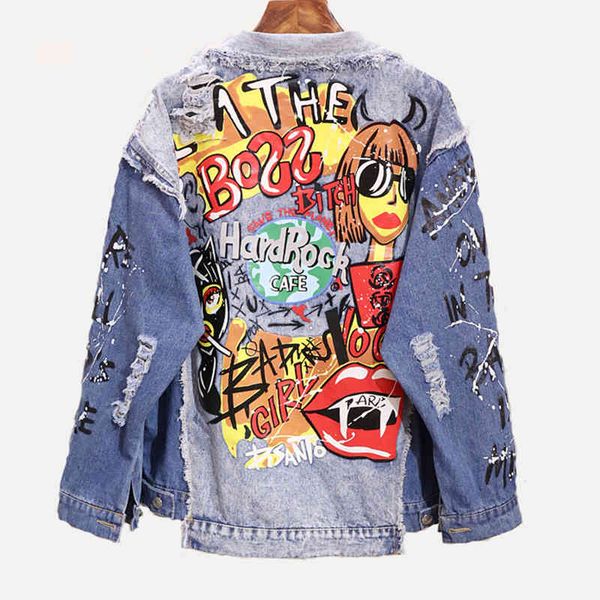 women blue denim loose punk jacket button pocket turn down collar letter graffiti print hole hip hop style c0221 210514, Black;brown
women blue denim loose punk jacket button pocket turn down collar letter graffiti print hole hip hop style c0221 210514, Black;brown