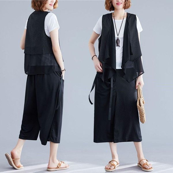 stripe chiffon splice vest summer suit loose wide-leg pants plus size sleeveless jacket two-piece set casual tracksuit f1208 women's tr, Gray
stripe chiffon splice vest summer suit loose wide-leg pants plus size sleeveless jacket two-piece set casual tracksuit f1208 women's tr, Gray