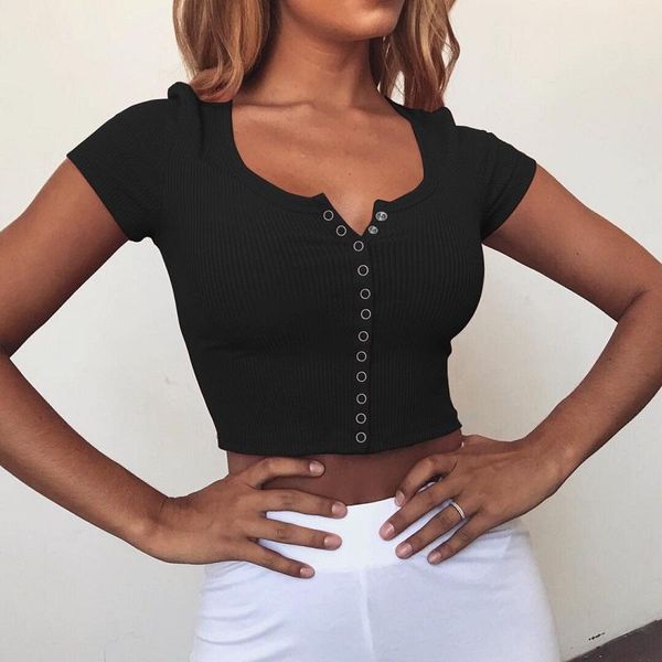 women's t-shirt women short sleeve solid color crop summer round neck buttons for ladies sexy, White
women's t-shirt women short sleeve solid color crop summer round neck buttons for ladies sexy, White