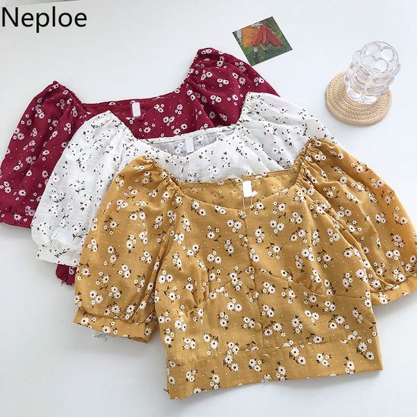 neploe summer blusas mujer sweet puff sleeve blouses women square collar slim floral streetwear shirt korean crop 4i772 210422, White