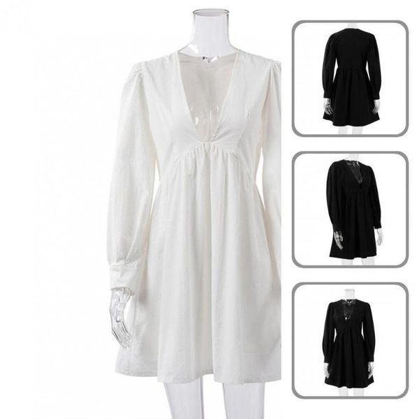 women's swimwear comfortable above knee puff sleeve v neck high waist dress for beach, White;black
women's swimwear comfortable above knee puff sleeve v neck high waist dress for beach, White;black