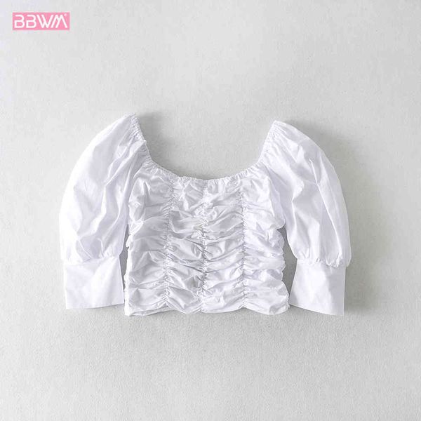 white french square neck vintage pleated elastic puff sleeves women's shirt navel western sweet chic all-match female 210507
white french square neck vintage pleated elastic puff sleeves women's shirt navel western sweet chic all-match female 210507