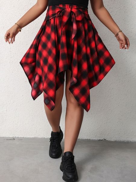 plus plaid print knot front hanky hem skirt o1sz#, Black
plus plaid print knot front hanky hem skirt o1sz#, Black