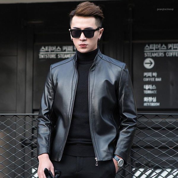 men's leather & faux european and american standing collar baseball straight hem smooth single zipper casual coat, Black
men's leather & faux european and american standing collar baseball straight hem smooth single zipper casual coat, Black