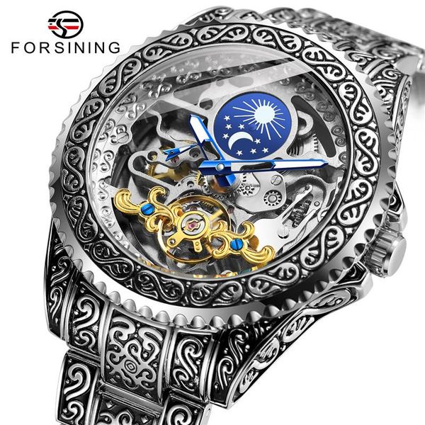 wristwatches forsining men retro moon phase automatic mechanical wrist watch steel strap 3 atm waterproof watches for reloj hombre, Slivery;brown 
wristwatches forsining men retro moon phase automatic mechanical wrist watch steel strap 3 atm waterproof watches for reloj hombre, Slivery;brown