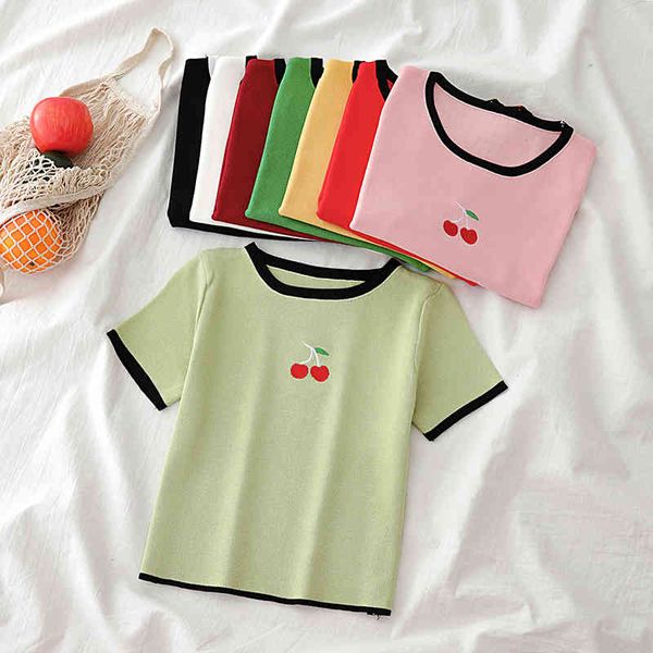 cherry printed t-shirts women summer knitted o-neck tees short sleeve black 210518, White
cherry printed t-shirts women summer knitted o-neck tees short sleeve black 210518, White