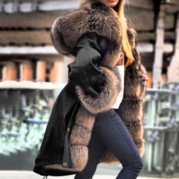 women's fur & faux overcoat 2021 winter collar solid color long thicken warm hooded sleeve womens western style cotton jacket, Black
women's fur & faux overcoat 2021 winter collar solid color long thicken warm hooded sleeve womens western style cotton jacket, Black