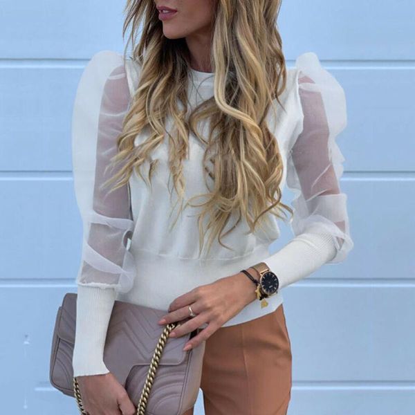 women's t-shirt women autumn puff mesh sleeve beading fashion pullover holiday street slim jumper ol, White
women's t-shirt women autumn puff mesh sleeve beading fashion pullover holiday street slim jumper ol, White