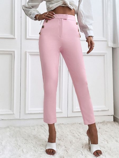 high waist fake button pants r8ox#, Black;white