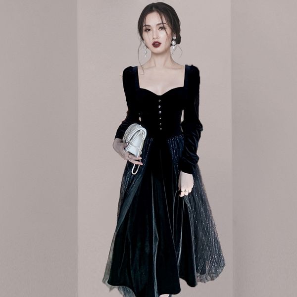arrive women autumn elegant velvet mesh patchwork vintage square collar single breasted office party chic dress 210514, Black;gray
arrive women autumn elegant velvet mesh patchwork vintage square collar single breasted office party chic dress 210514, Black;gray