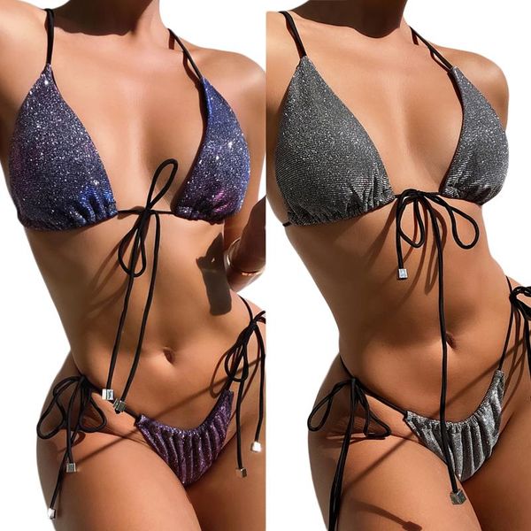 women's swimwear shining lace-up bikini, sleeveless sling briefs swimsuit, classic hollow bare midriff two-pieces set, White;black 
women's swimwear shining lace-up bikini, sleeveless sling briefs swimsuit, classic hollow bare midriff two-pieces set, White;black