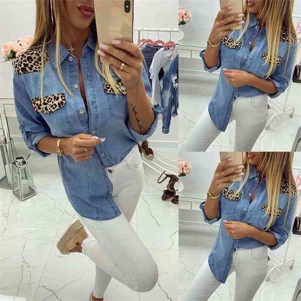 ladies casual stitching denim jeans women summer leopard print long sleeve shirt collar blouse for female d30, Blue
ladies casual stitching denim jeans women summer leopard print long sleeve shirt collar blouse for female d30, Blue