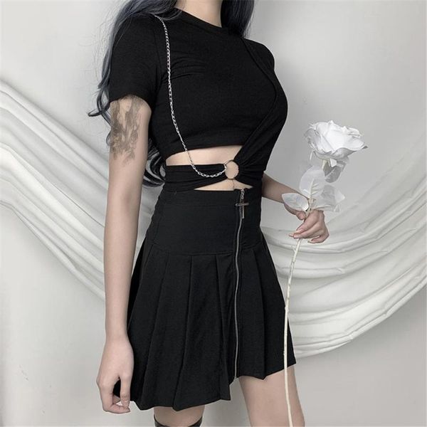 women's t-shirt punk chain decor streetwear black t-shirts women harajuku tees gothic hollow out female summer, White