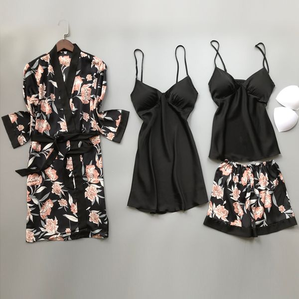 20212021 spring autumn women silk pajamas sets with chest pads flower print pijama sleepwear 4 pieces spaghetti strap satin pyjamas, Black;red
20212021 spring autumn women silk pajamas sets with chest pads flower print pijama sleepwear 4 pieces spaghetti strap satin pyjamas, Black;red