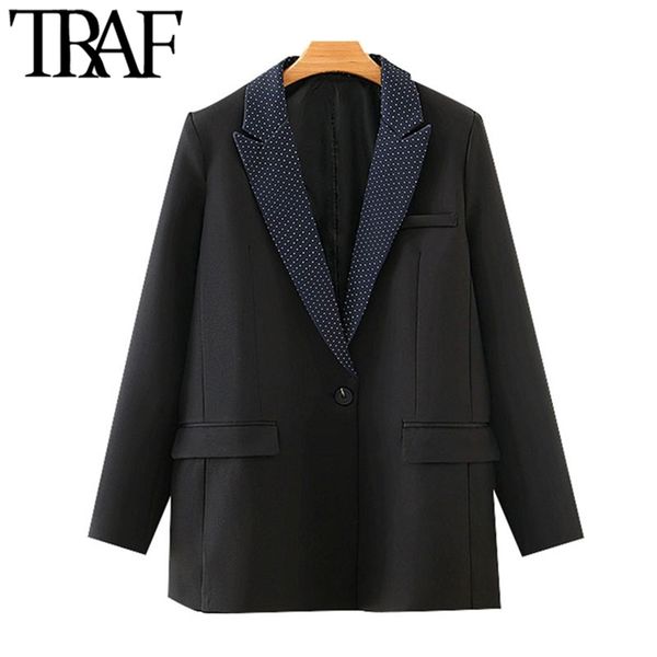 women fashion single button polka dot blazers coat vintage long sleeve pockets female outerwear chic 210507, White;black
women fashion single button polka dot blazers coat vintage long sleeve pockets female outerwear chic 210507, White;black