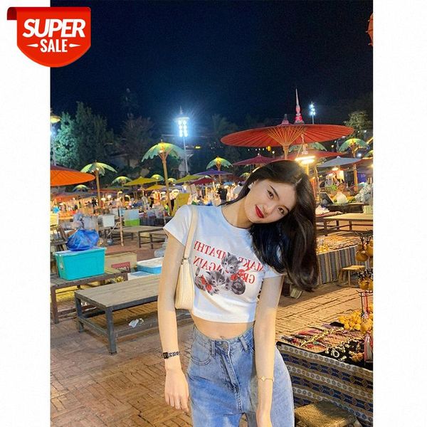 pin cat short waist slim female group wind round neck t-shirt short-sleeved net red with #bu1m, White 
pin cat short waist slim female group wind round neck t-shirt short-sleeved net red with #bu1m, White