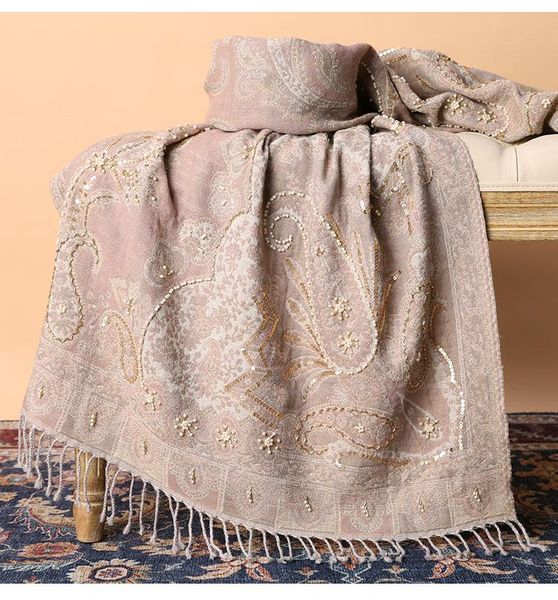 scarves high-grade 100% merino wool scarf women stole pashmina tassels thickened warm india handmade beaded shawl autumn winter, Blue;gray 
scarves high-grade 100% merino wool scarf women stole pashmina tassels thickened warm india handmade beaded shawl autumn winter, Blue;gray