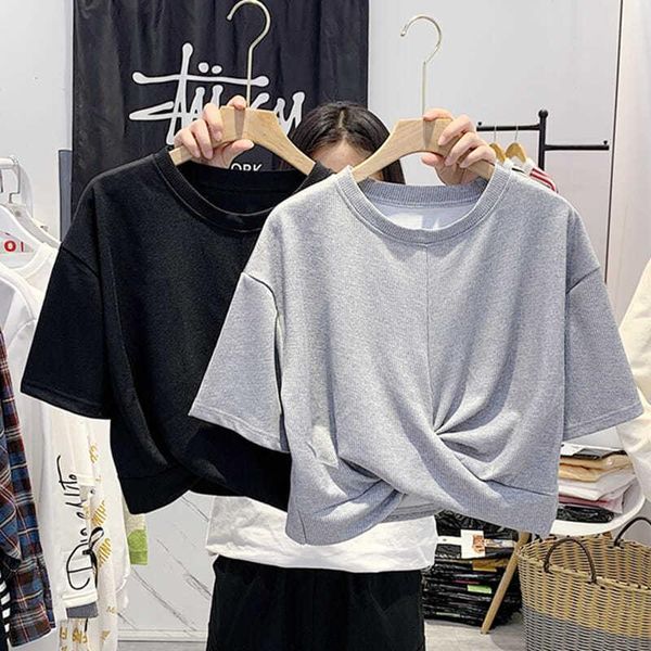 women's t-shirt short elegant style summer 2021 open navel design feeling loose and thin sleeve for women, White
women's t-shirt short elegant style summer 2021 open navel design feeling loose and thin sleeve for women, White