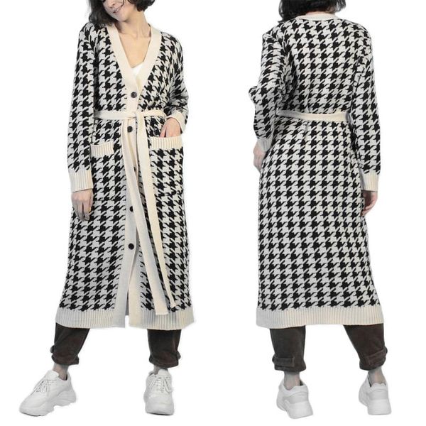 women's wool & blends 2021 autumn winter female cardigan houndstooth print long sleeve coat with pockets and waist belt for girls s/m/l, Black 
women's wool & blends 2021 autumn winter female cardigan houndstooth print long sleeve coat with pockets and waist belt for girls s/m/l, Black