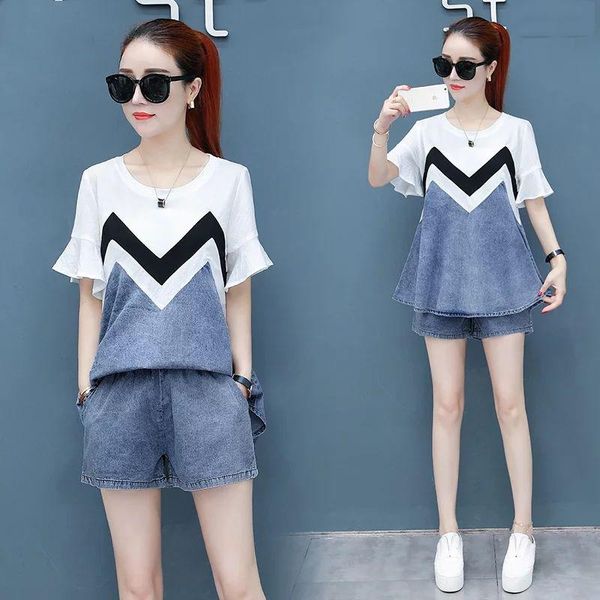 women's fashion 2021 summe clothing 2 piece set petal sleeve splice short denim loose shorts lounge wear sets wf176 tracksuits, Gray
women's fashion 2021 summe clothing 2 piece set petal sleeve splice short denim loose shorts lounge wear sets wf176 tracksuits, Gray