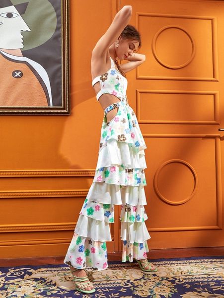 x insignia tied backless elastic waist floral print layered jumpsuit x8ir#, White
x insignia tied backless elastic waist floral print layered jumpsuit x8ir#, White