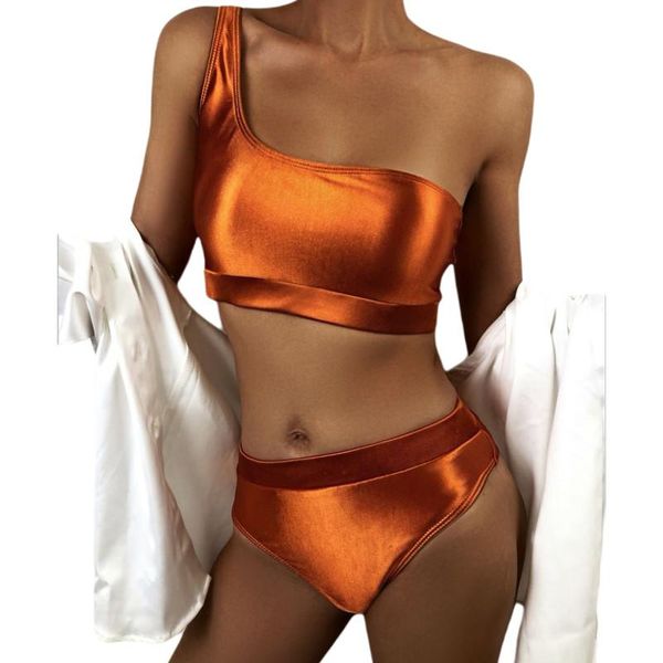 women's swimwear solid shiny color 2pcs bikini suit summer 2021, one-shoulder crop with triangle bottoms for beach/swimming, White;black 
women's swimwear solid shiny color 2pcs bikini suit summer 2021, one-shoulder crop with triangle bottoms for beach/swimming, White;black