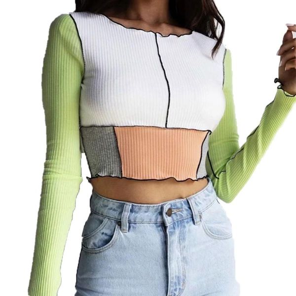 women's t-shirt stylish long sleeve casual tight low collar splicing contrast color o-neck knitted spring autumn, White
women's t-shirt stylish long sleeve casual tight low collar splicing contrast color o-neck knitted spring autumn, White