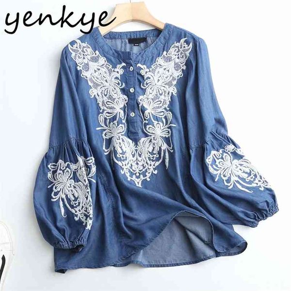 floral embroidery vintage blue denim shirt blouse women o neck lantern sleeve casual plus size summer blusas 210514, White
floral embroidery vintage blue denim shirt blouse women o neck lantern sleeve casual plus size summer blusas 210514, White