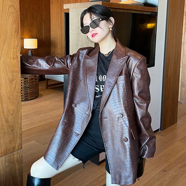 spring autumn female turn-down collar suit loose minimalist retro brown coffee color pattern pu leather coat 210510, Black
spring autumn female turn-down collar suit loose minimalist retro brown coffee color pattern pu leather coat 210510, Black