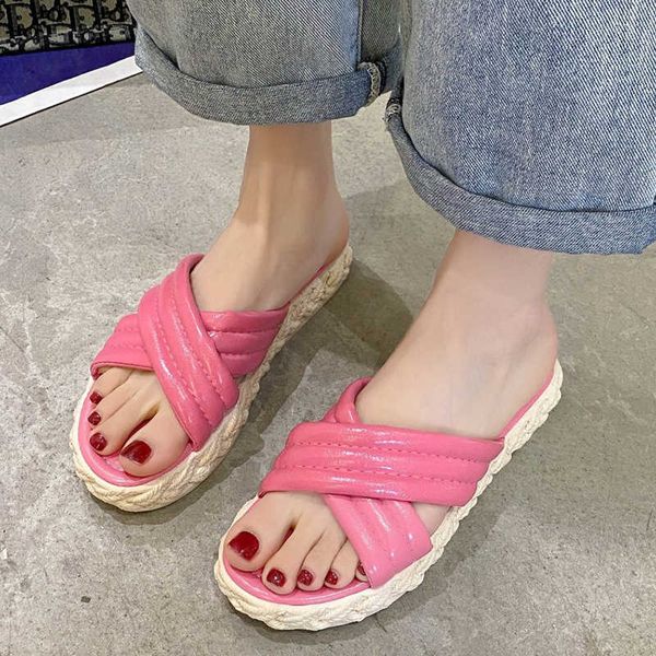 

rimocy casual cross strap rope platform slippers women pu leather low heel beach flip flops woman vacation outdoor slides female 210528, Black