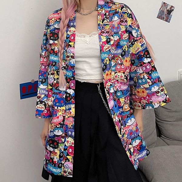 women's blouses & shirts summer shirt korean american retro cartoon full print casual loose for men and women, White
women's blouses & shirts summer shirt korean american retro cartoon full print casual loose for men and women, White