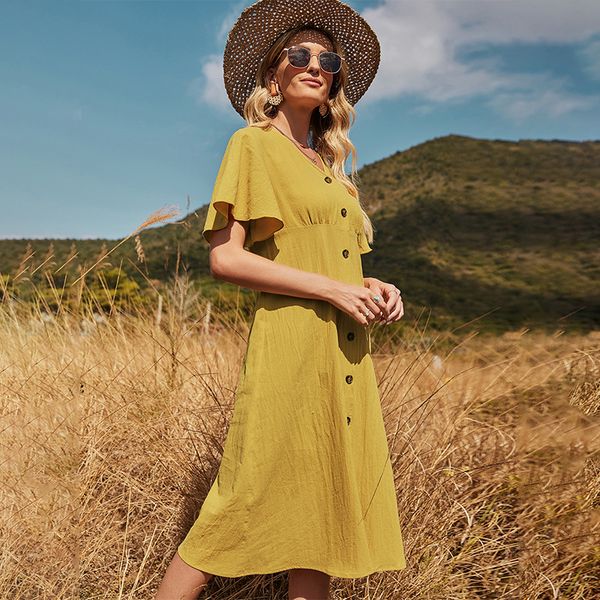 2021 summer fresh girl dress casual lotus leaf sleeve single-breasted yellow, Black;gray
2021 summer fresh girl dress casual lotus leaf sleeve single-breasted yellow, Black;gray