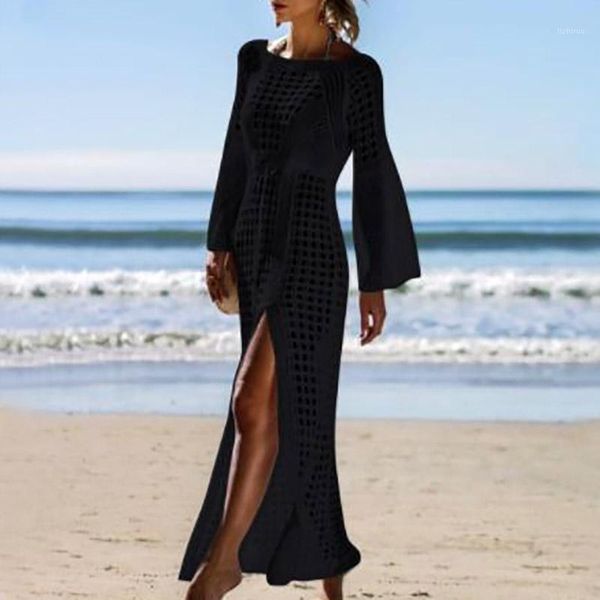 women's beach dresses hollow knit long sleeve solid color clothes sun protection swimwear, White;black
women's beach dresses hollow knit long sleeve solid color clothes sun protection swimwear, White;black