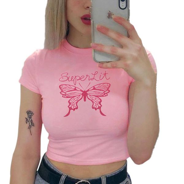women's tanks & camis 2021 women ladies pink short sleeve butterfly printed tee summer casual slim tank crop, White 
women's tanks & camis 2021 women ladies pink short sleeve butterfly printed tee summer casual slim tank crop, White