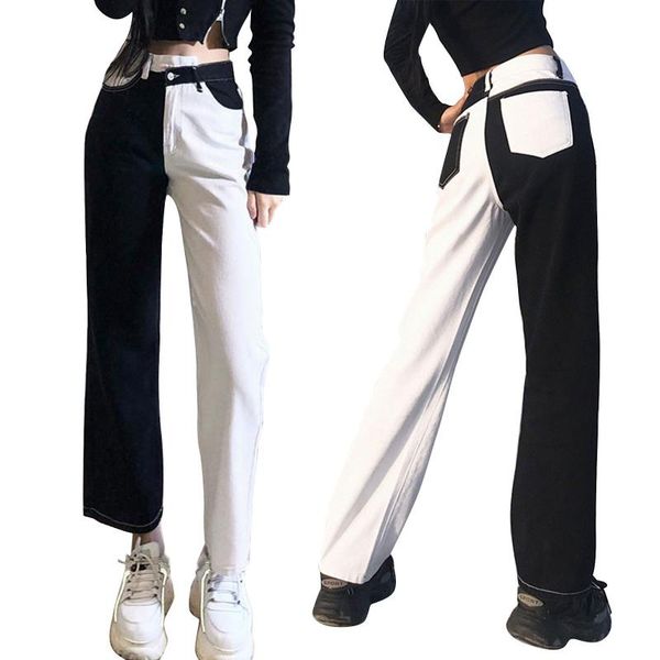 women's pants & capris women straight denim patchwork color trendy mid waist block wide leg jeans with pockets, Black;white
women's pants & capris women straight denim patchwork color trendy mid waist block wide leg jeans with pockets, Black;white